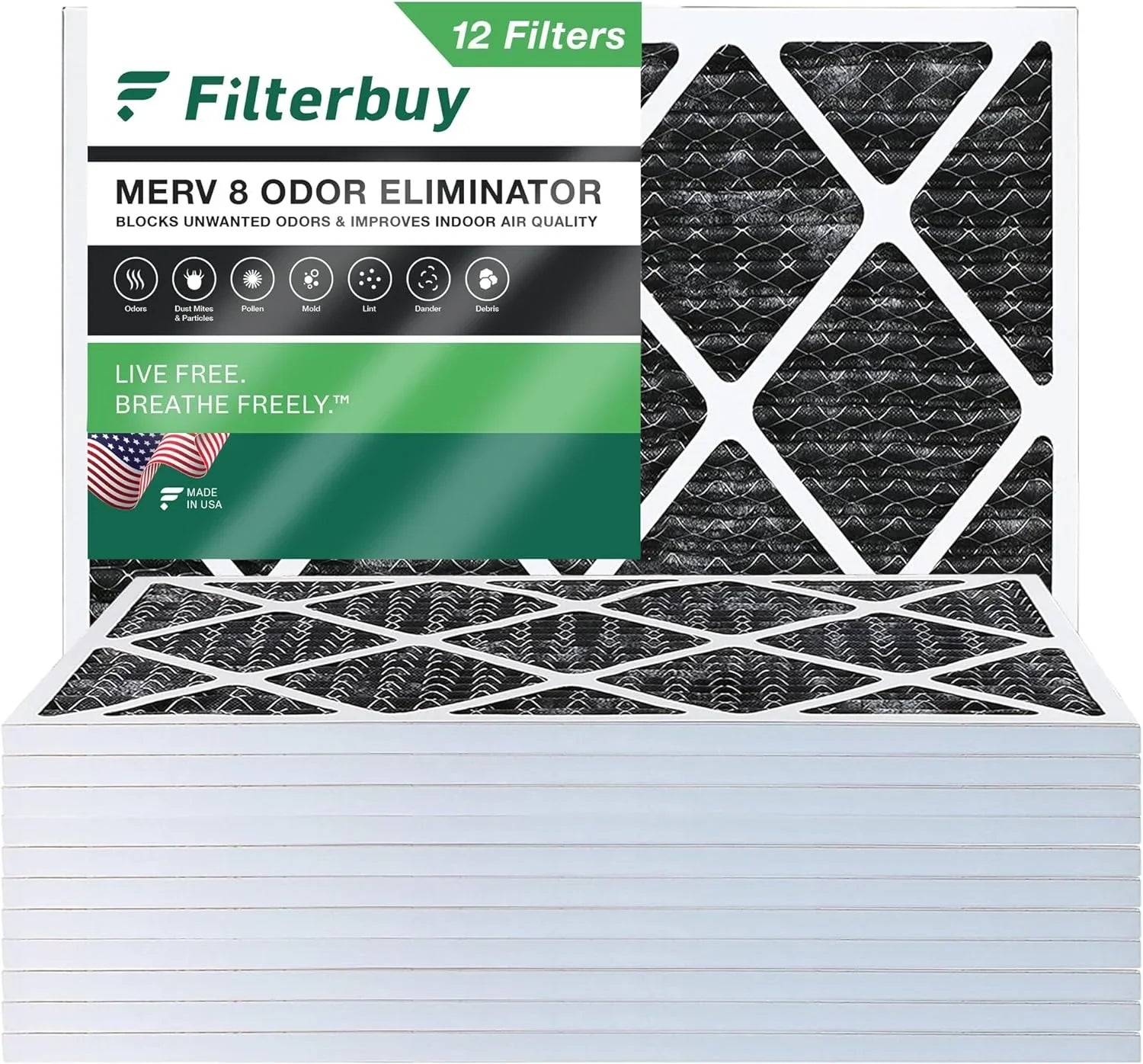 Filterbuy 12x18x1  8 Odor Eliminator Pleated   Furnace Air Filters with Activated Carbon (12-Pack)