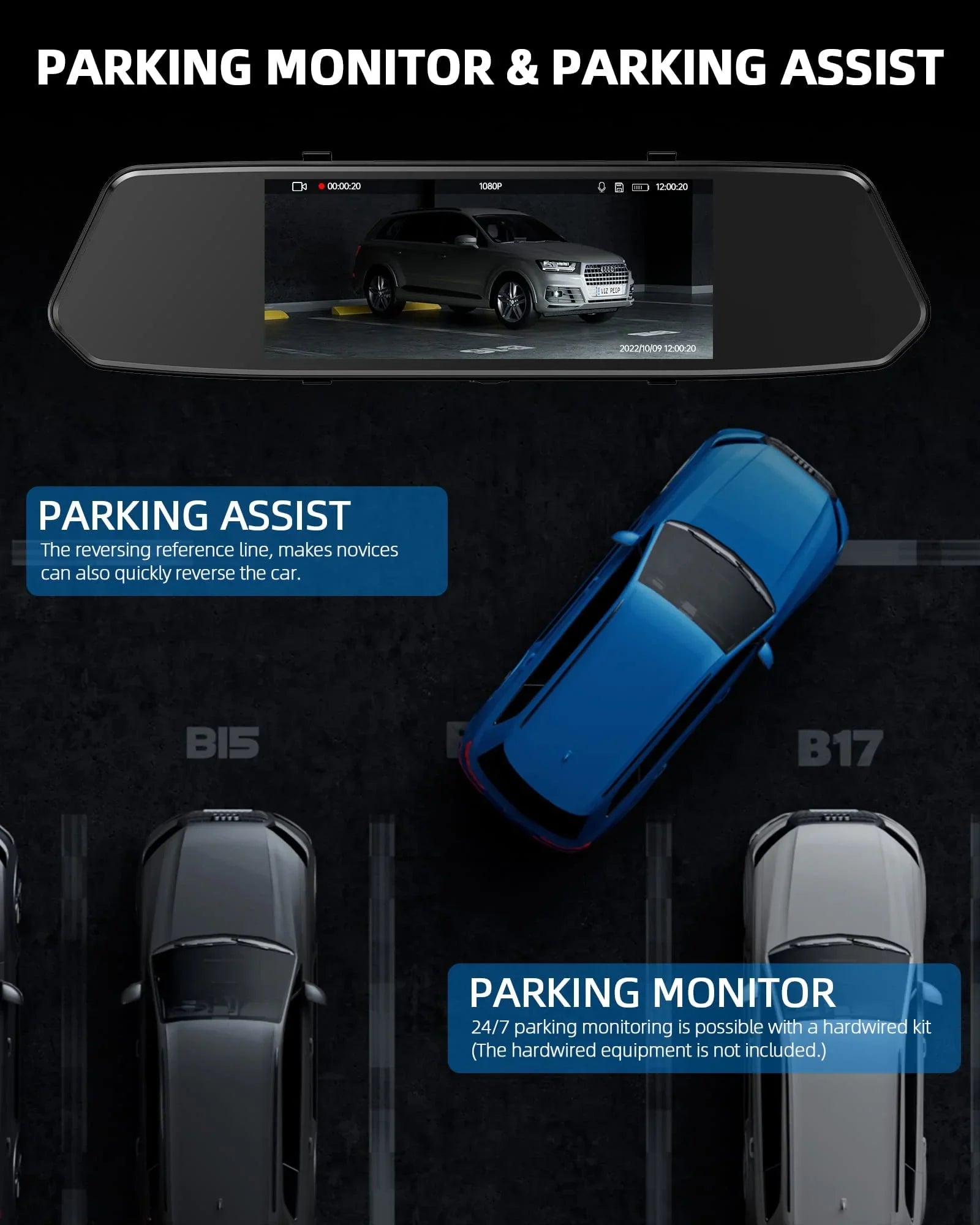 Dash Camera 1080P Mirror Dual Dash Cam Front and Rear,  7"  Touch Screen, Infrared Night Vision, Motion Detection, G-Sensor