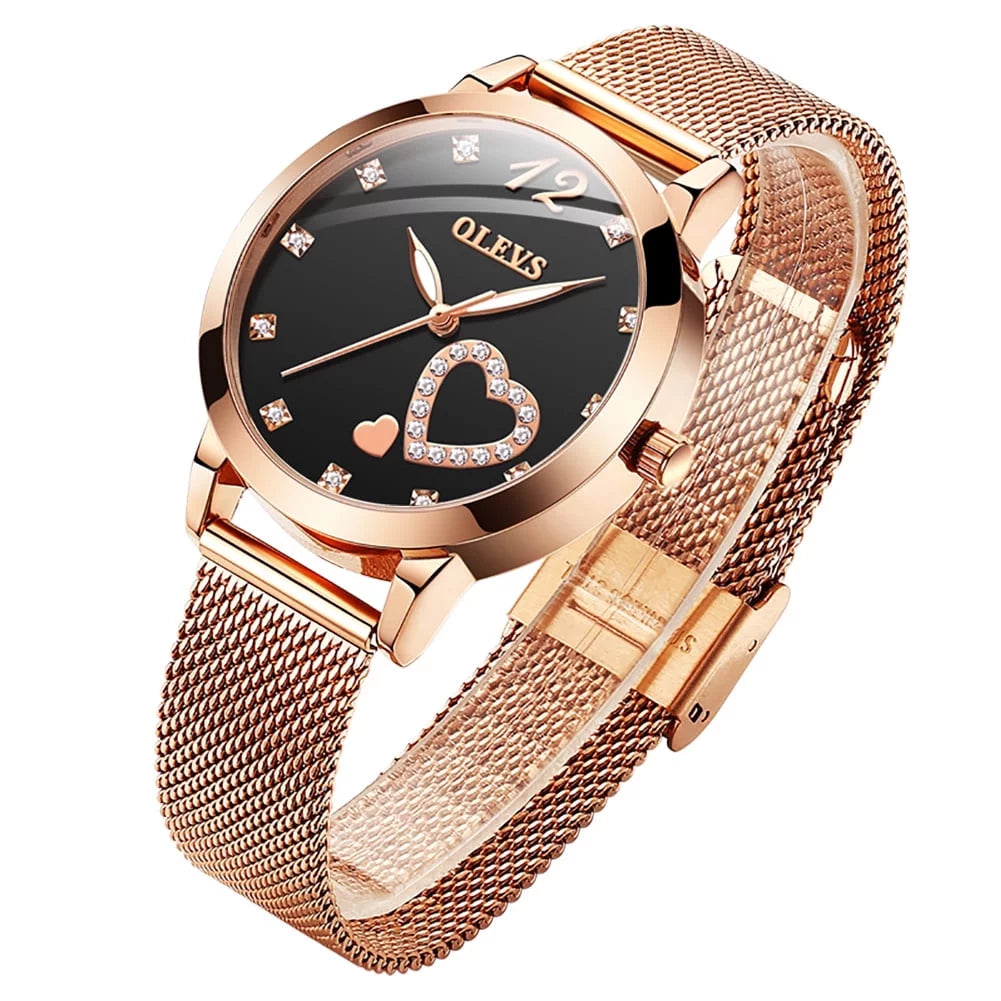 Olevs Elegant Women's Watch, Rose Gold Diamond Hearts Big Face Mesh Strap Fashion Dress Japanese Quartz Waterproof Luminous Ladies Watches, Female Wristwatch, Gifts for Women