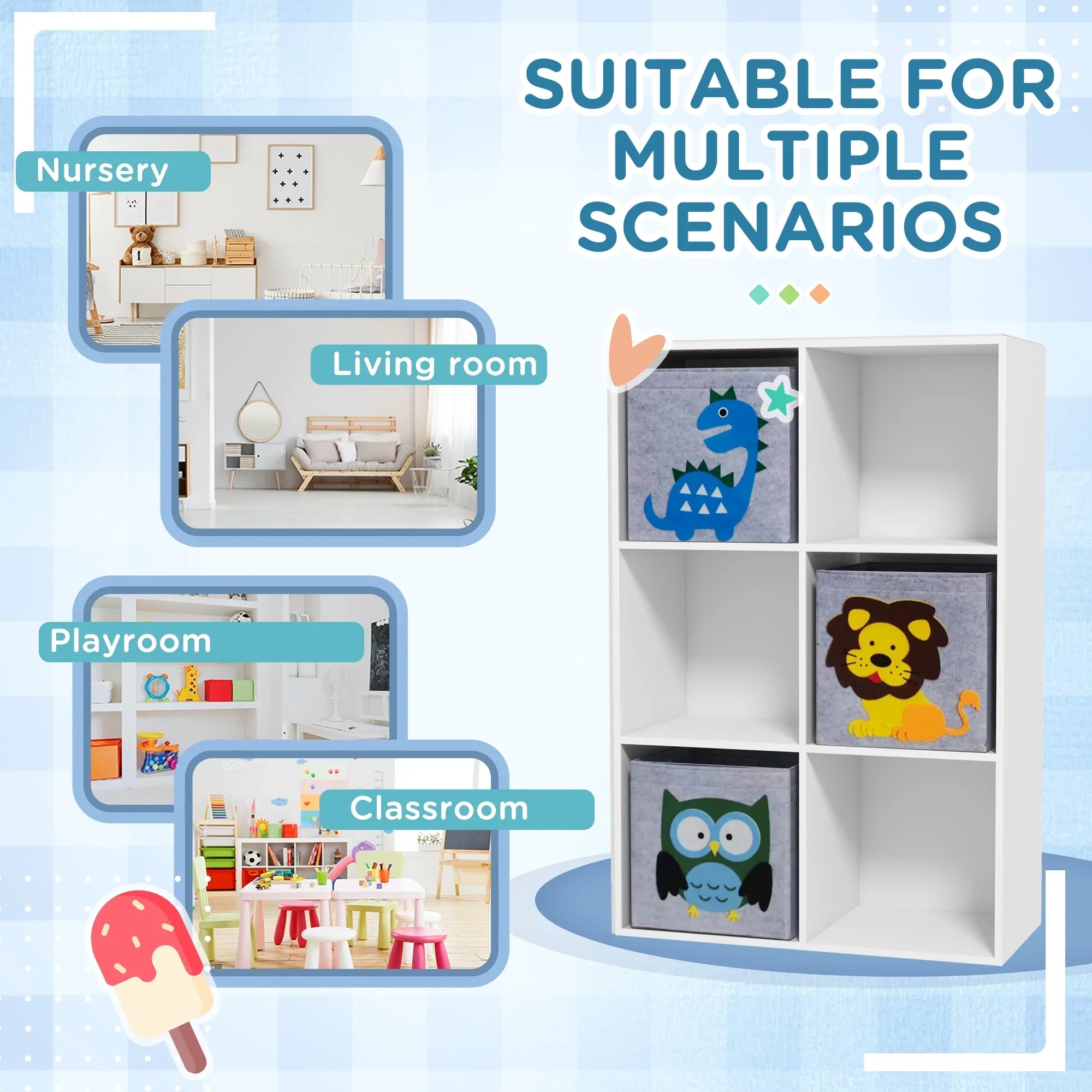 Qaba Children's Toy Storage with 3 Storage Bins & Cute Animal Design, White