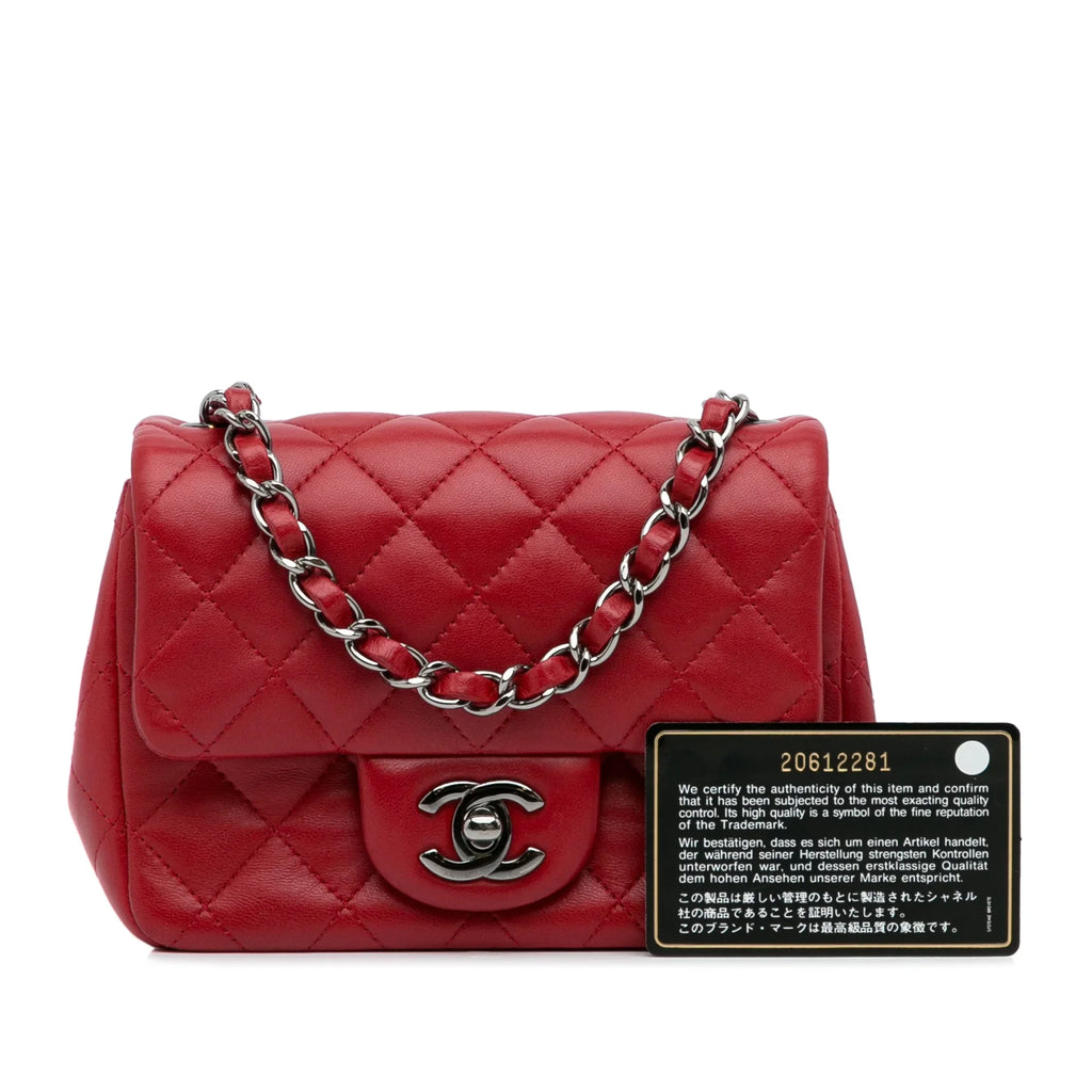 Pre-Owned Authenticated Chanel Mini Classic Lambskin Square Single Flap Leather Red Crossbody Bag Unisex (Good)