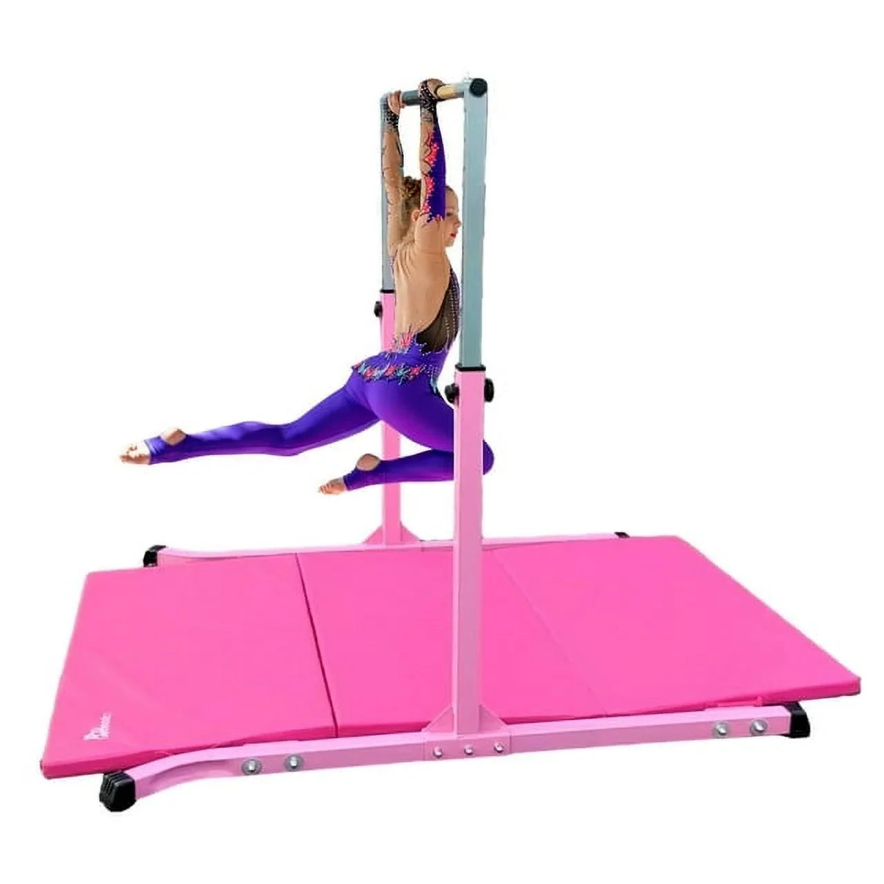 5-Star  Pink Gymnastic Kip Bar, Adjustable 3-5FT, Kids Junior Training, Heavy-Duty, Curved Legs, Home Gym Equipment