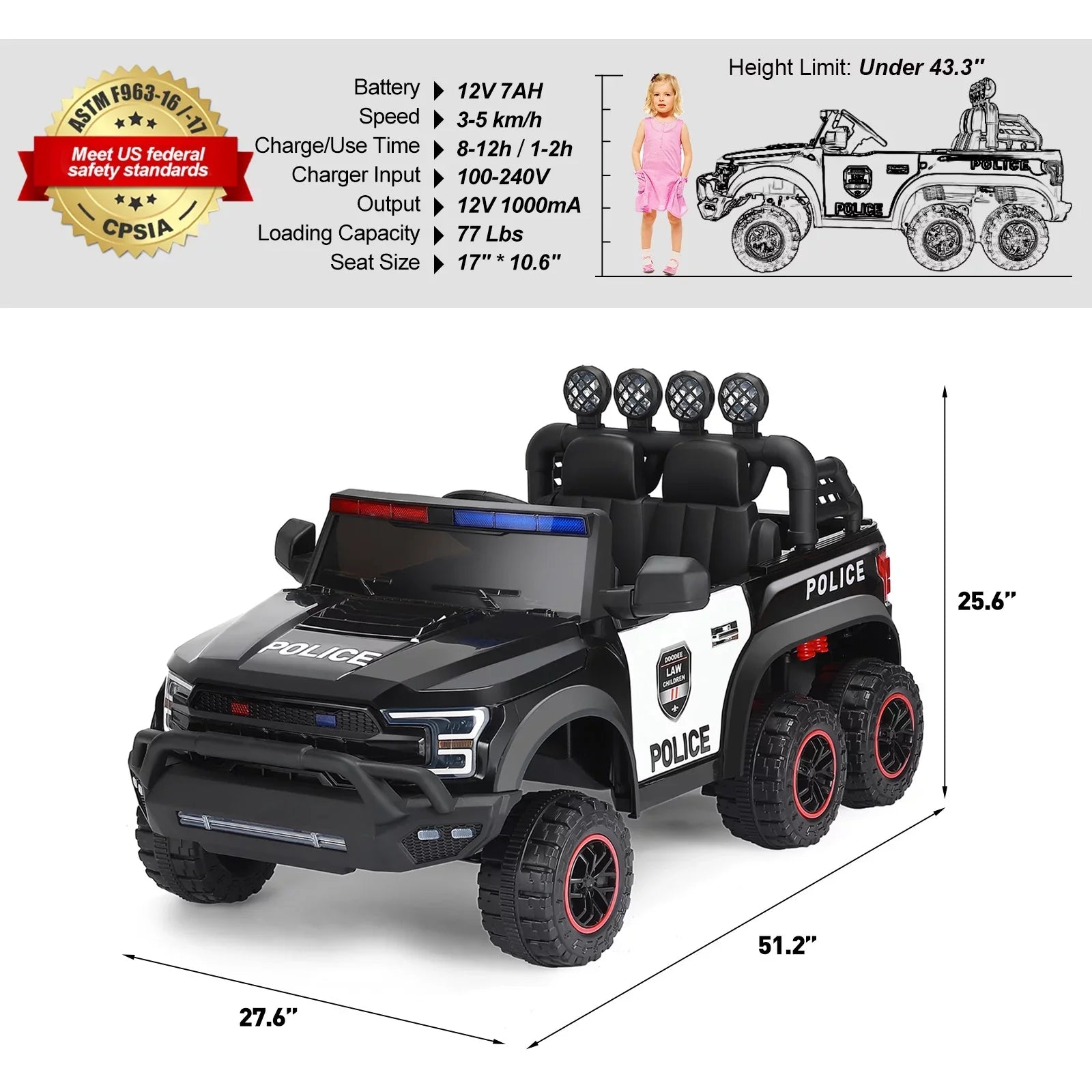 6 Wheels 12V Kids Ride on Police Car Toy with Remote Control (Black)