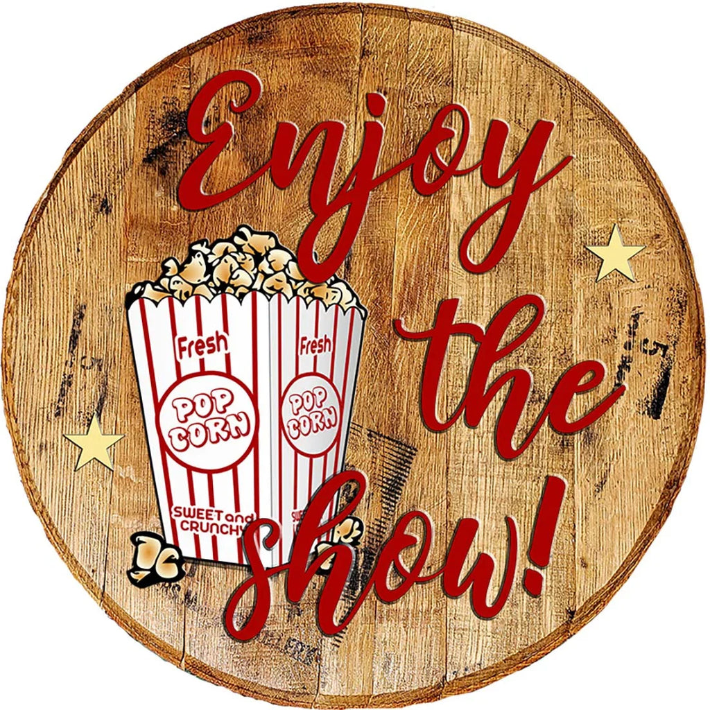 Whiskey Barrel Head Enjoy the Show Fresh Pop Corn Wall Art Bar Sign Home Décor