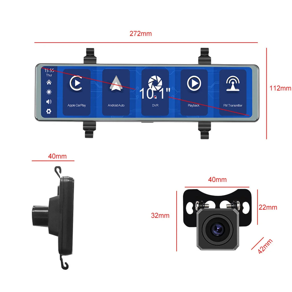 Mirror Dash Cam with Wireless Apple Carplay&Android Auto,11.26" Voice Control Rear View Mirror 1080P Front and Rear View Dual Cameras, Transmitter,Night Vision,Parking Assistance, ,Loop Recording