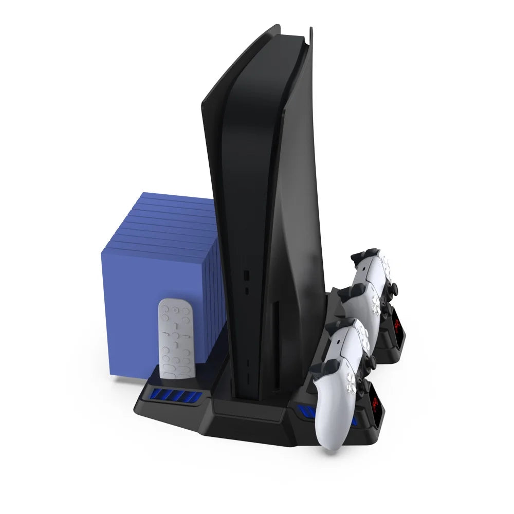 PS5 Cooling Stand Base with Charging, Disc Storage, and Multi-Functional Fan - Enhanced Cooling and Charging Dock for PlayStation 5 Digital and Disc Versions Console-Black