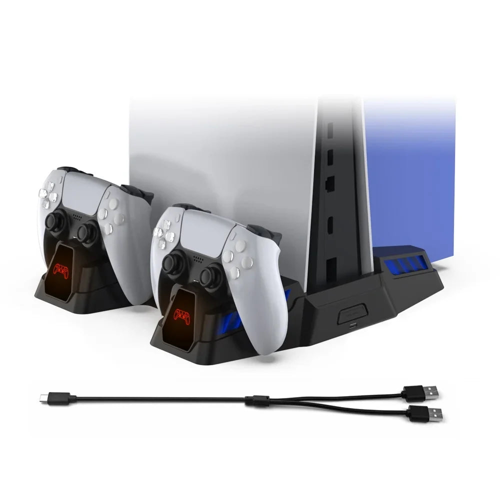 PS5 Cooling Stand Base with Charging, Disc Storage, and Multi-Functional Fan - Enhanced Cooling and Charging Dock for PlayStation 5 Digital and Disc Versions Console-Black