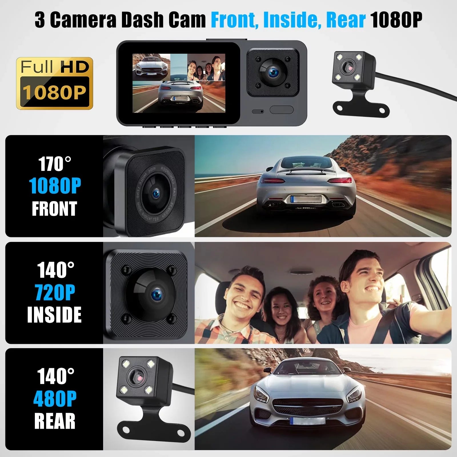 Dash Cam Front and Rear,  3 Channel Dual Dash Camera, 1080P  Screen Car Camera  Backup Cam with Night Vision