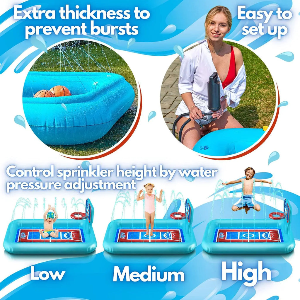Splash Pool Pad With Sprinkler System, Hoop And 2 Inflatable Basketballs - Splash Pad For Kids - Kids Summer Toys And Water 82-inch.