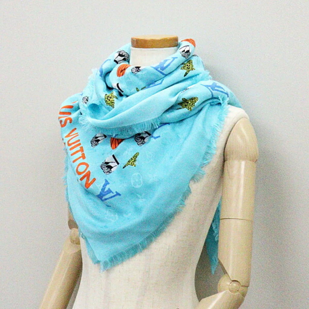 Pre-Owned Louis Vuitton Jonas Wood   monogram stole M76053 blue shawl basketball/flower/pot silk 60% wool 40% (Like New)