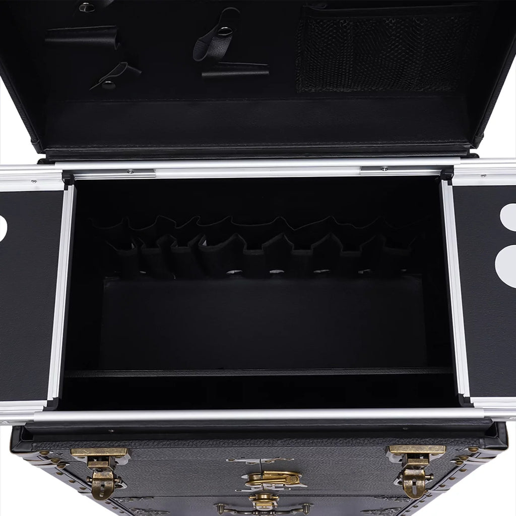 Miumaeov Rolling Lockable Makeup Train Case, Hairdressing Trolley Stylist Beauty Salon Cosmetic Luggage, Travel Organizer Tool Box with Hair Dryer Holder