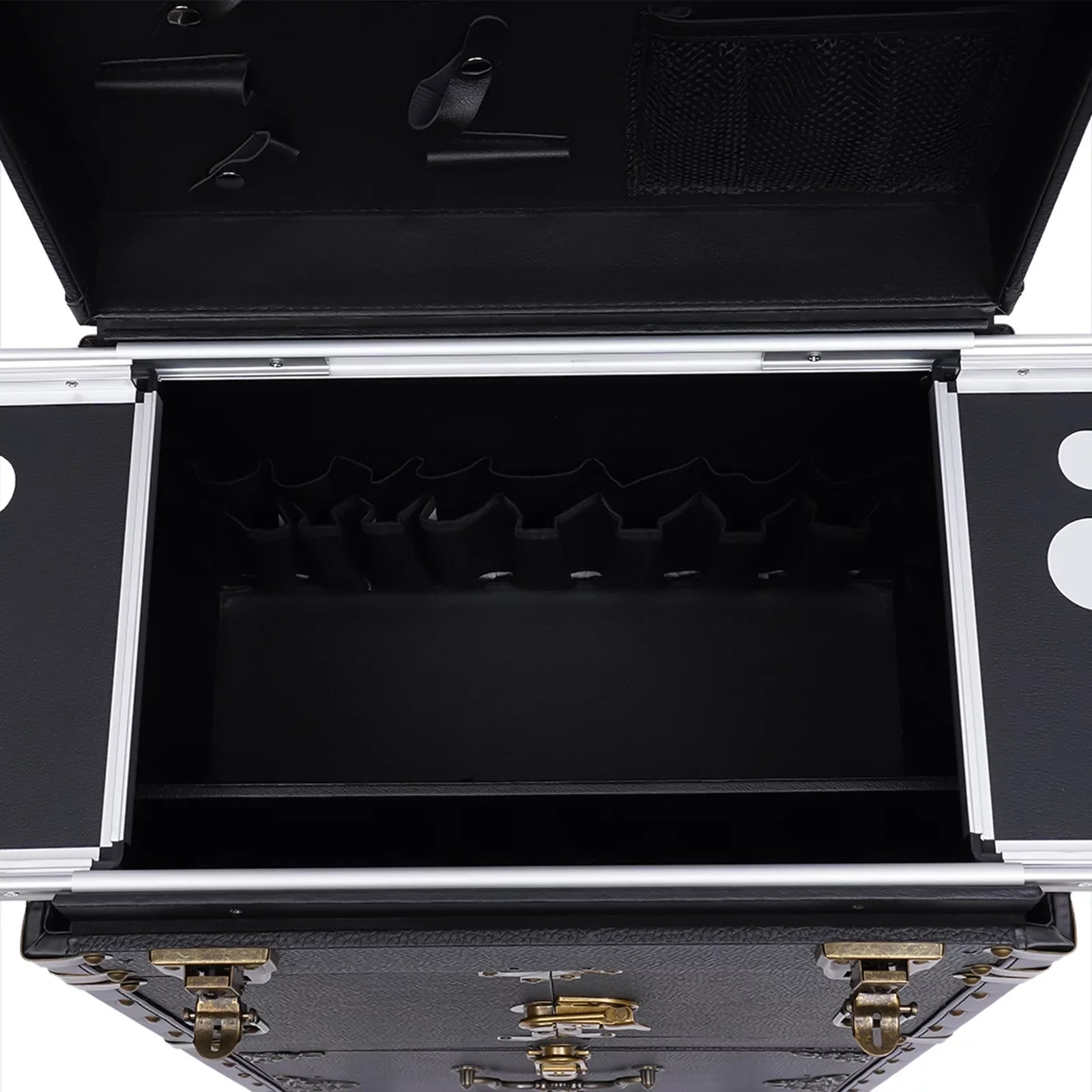 Miumaeov Rolling Lockable Makeup Train Case, Hairdressing Trolley Stylist Beauty Salon Cosmetic Luggage, Travel Organizer Tool Box with Hair Dryer Holder
