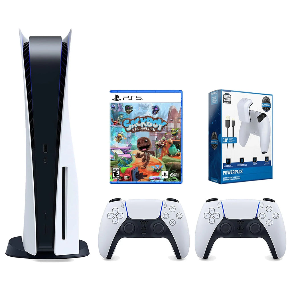 Sony Playstation 5 Disc Version Console with Extra White Controller, Surge PowerPack Battery Pack & Charge Cable and Sackboy: A Big Adventure Bundle