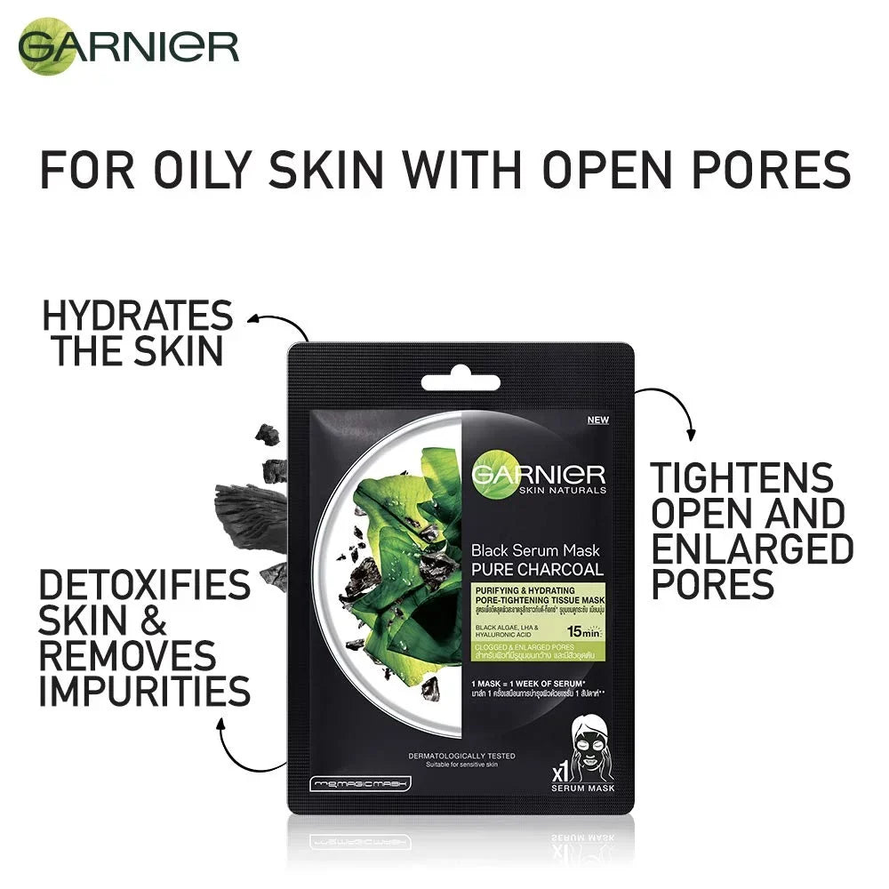 Garnier Skin Naturals Charcoal Face Serum Sheet Mask (Black) 28g And Hydra Bomb Eye Serum Mask Orange, 6 g