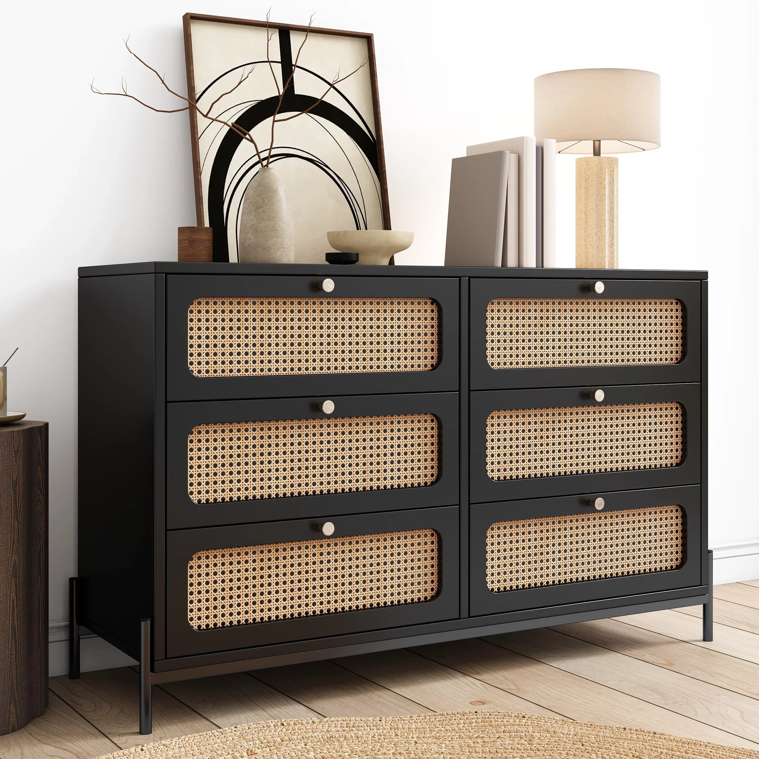Al Fresco Accent Storage Cabinet with 6 Drawer, Modern Wide Chest of Drawers, 3 Tier Wood Dresser for Bedroom, Living Room, Entryway, Black