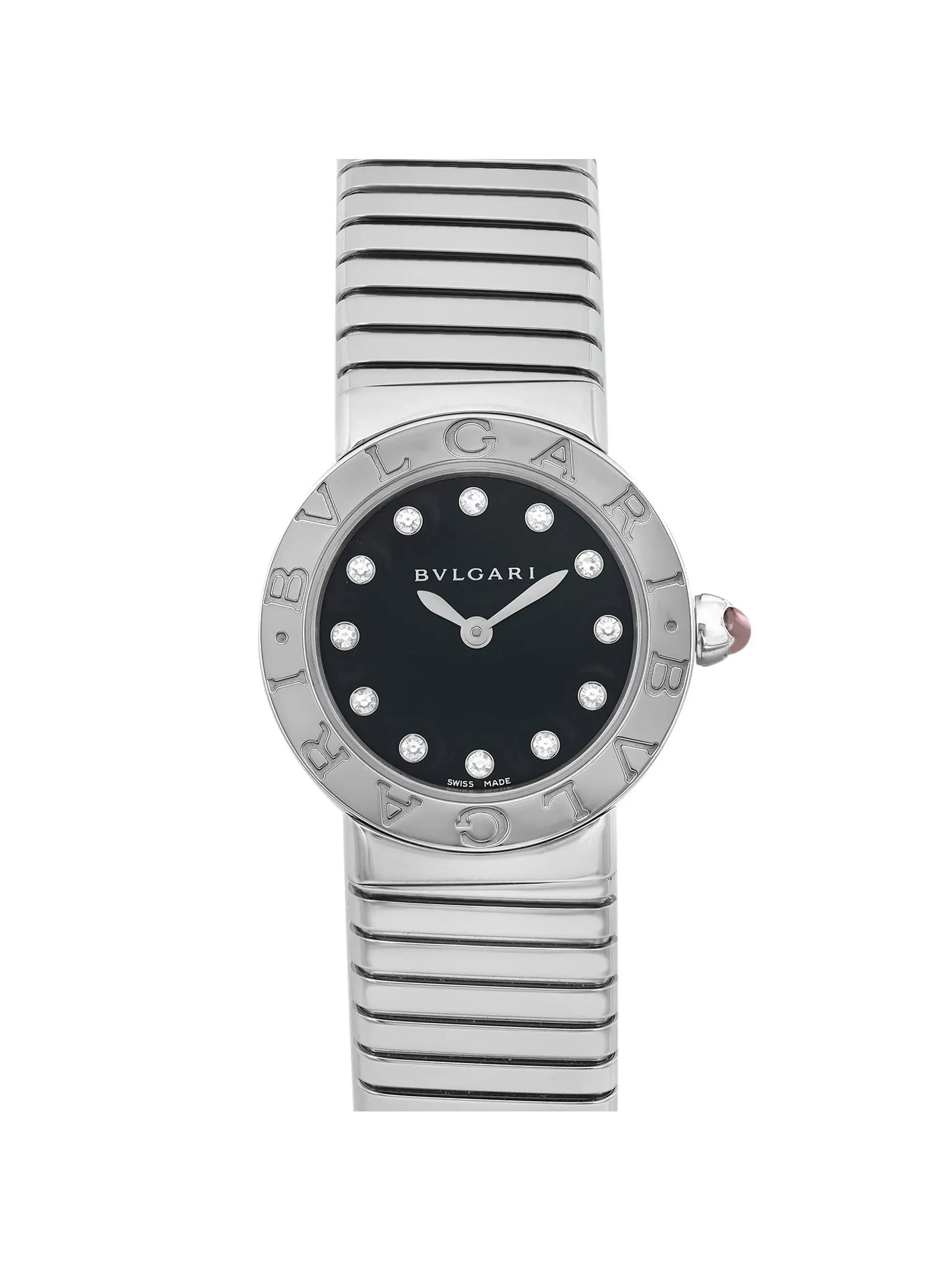 New Bvlgari Bulgari 26mm Steel Diamond Black Dial Ladies Quartz Watch 102145