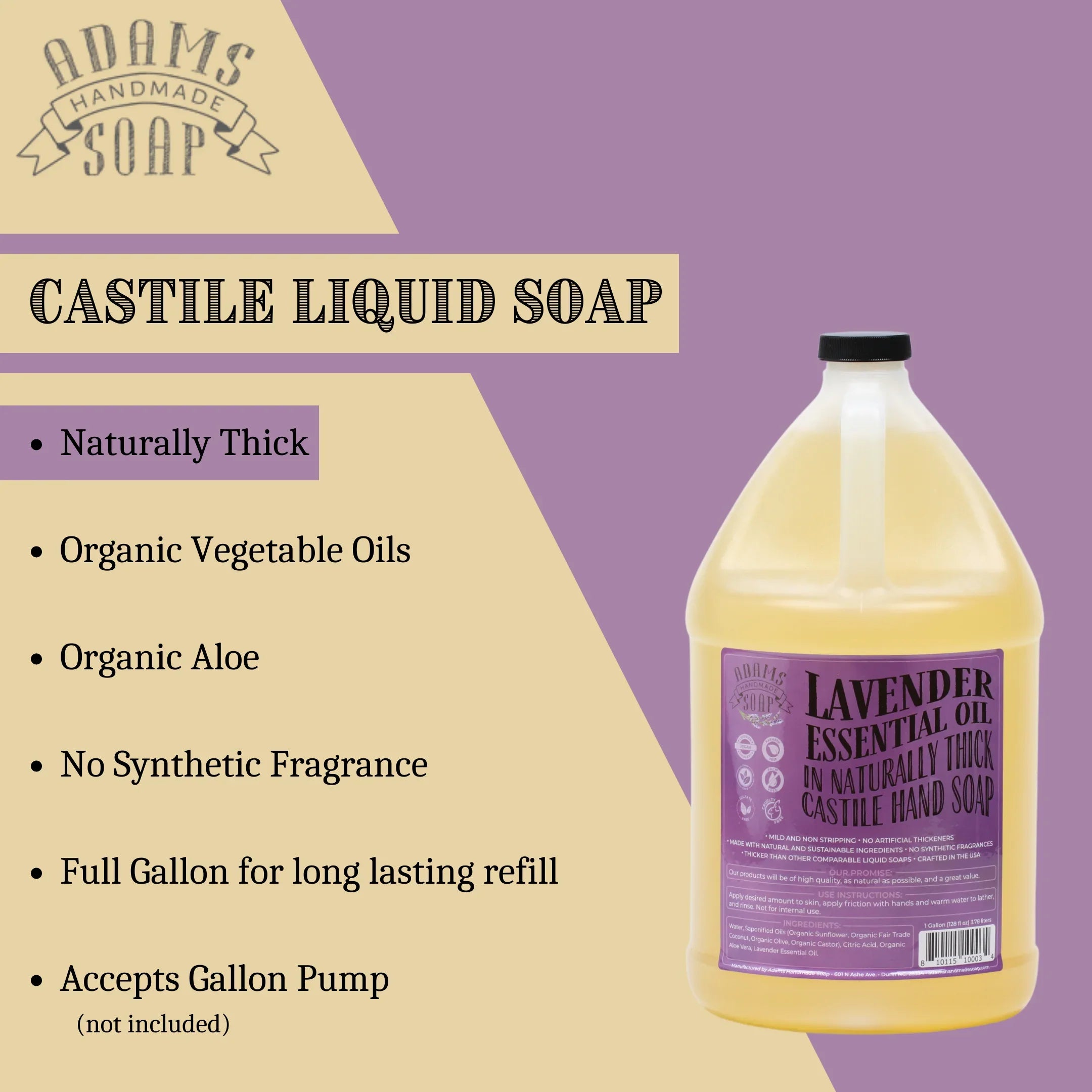 Lavender Organic Liquid Castile Hand Soap 1 Gallon Refill Adams Handmade Soap