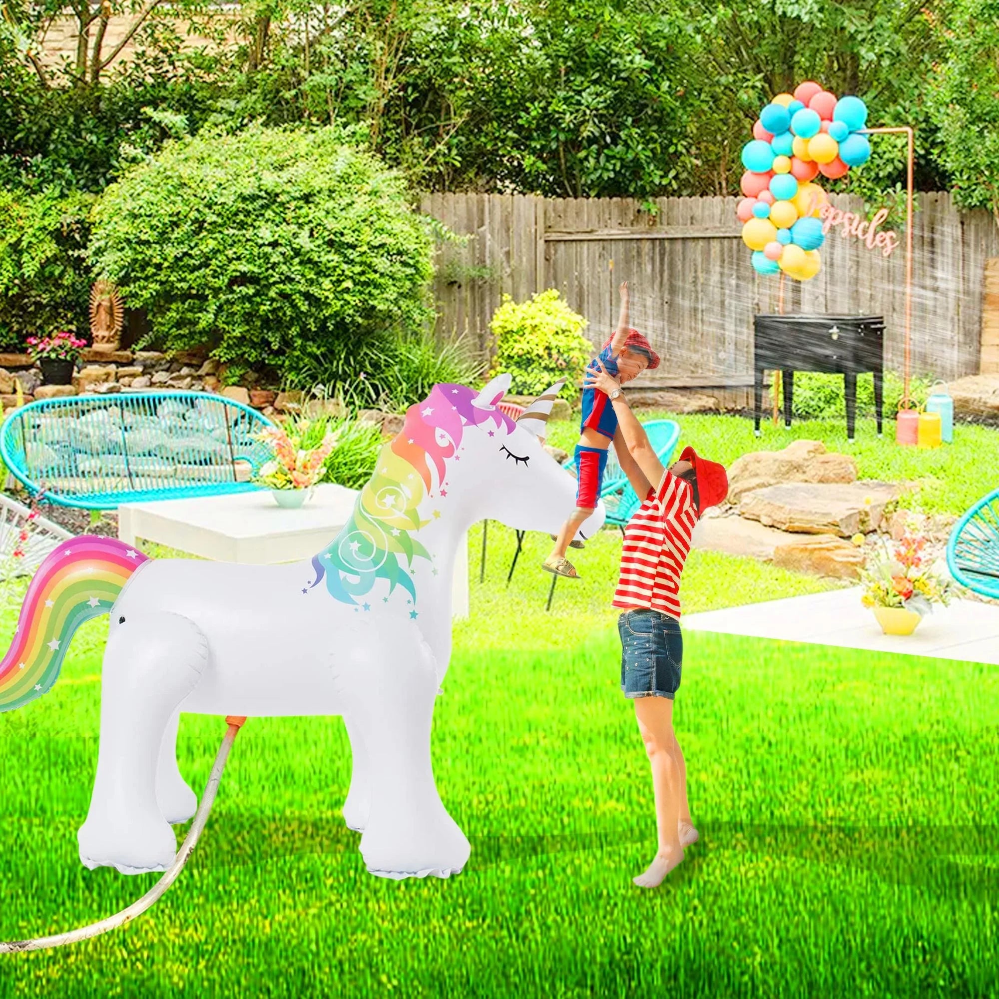 Irene Inflatable Unicorn Yard Sprinkler, Unicorn Lawn Sprinkler for Kids (63 Inch Tall)