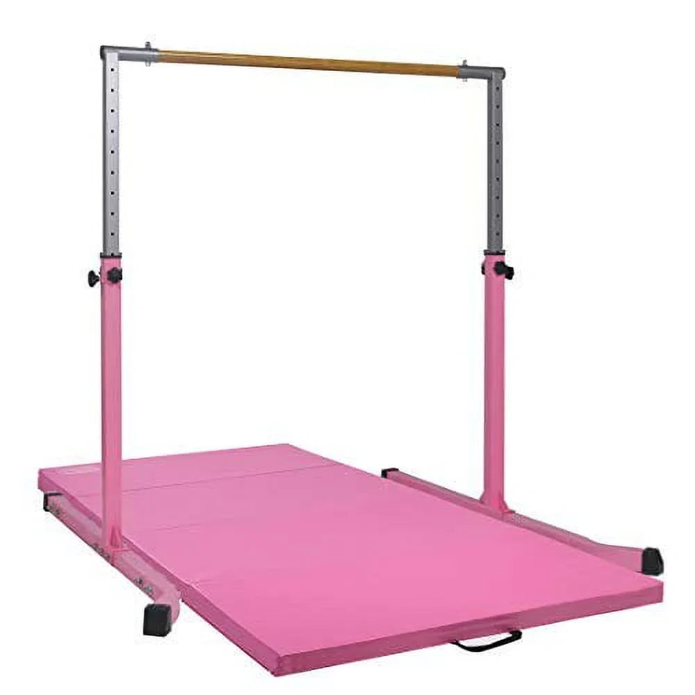 5-Star  Pink Gymnastic Kip Bar, Adjustable 3-5FT, Kids Junior Training, Heavy-Duty, Curved Legs, Home Gym Equipment