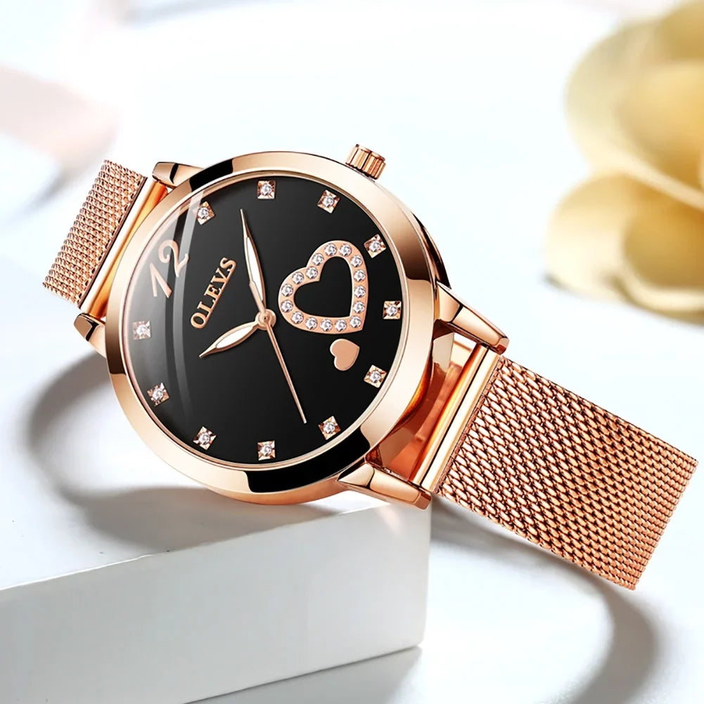 Olevs Elegant Women's Watch, Rose Gold Diamond Hearts Big Face Mesh Strap Fashion Dress Japanese Quartz Waterproof Luminous Ladies Watches, Female Wristwatch, Gifts for Women