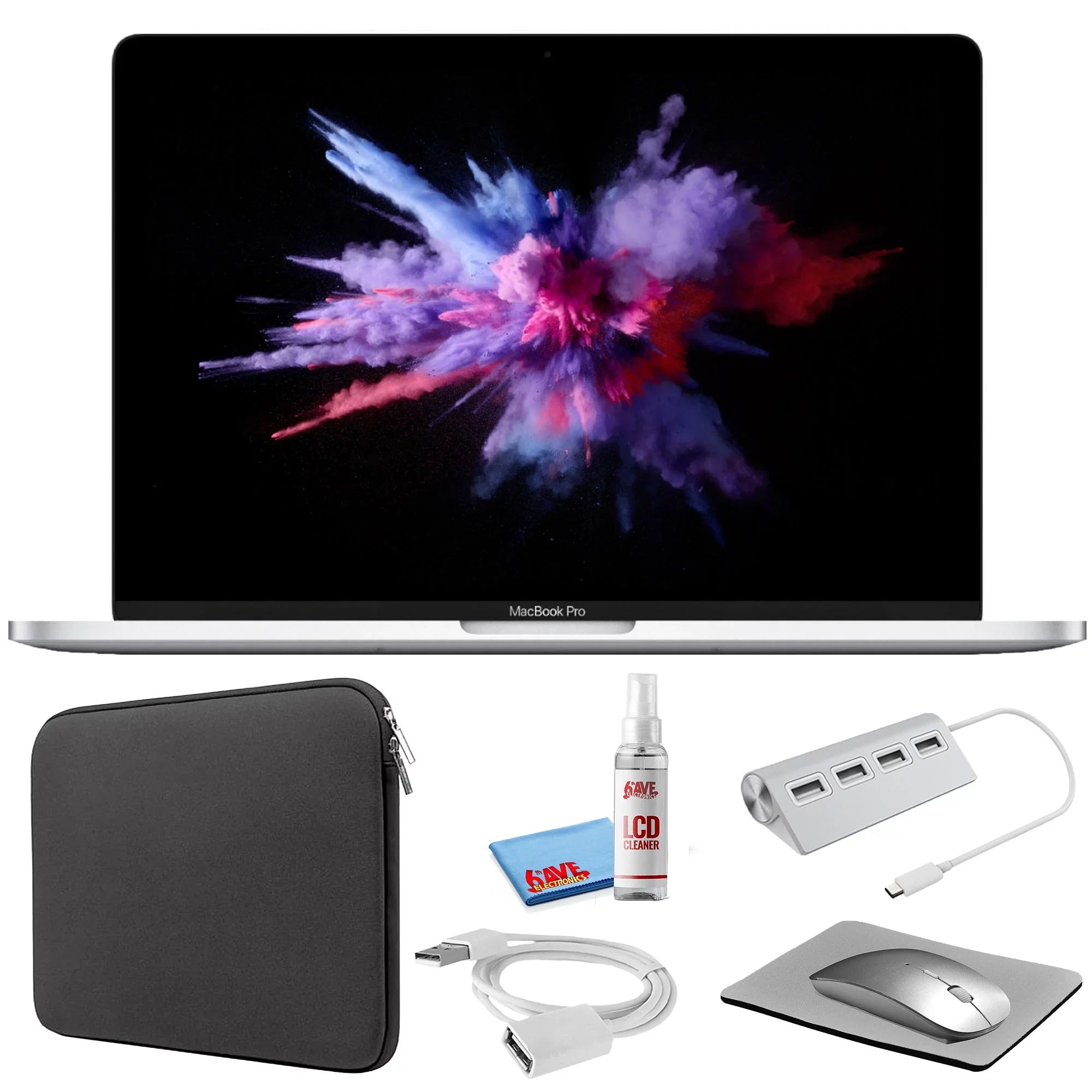 Apple MacBook Pro 13-inch (i5 1.4GHz, 128GB ) (Mid 2019, MUHQ2LL/A) - Silver Bundle with Black Zipper Sleeve + Laptop Starter Kit + Cleaning Kit (Refurbished)