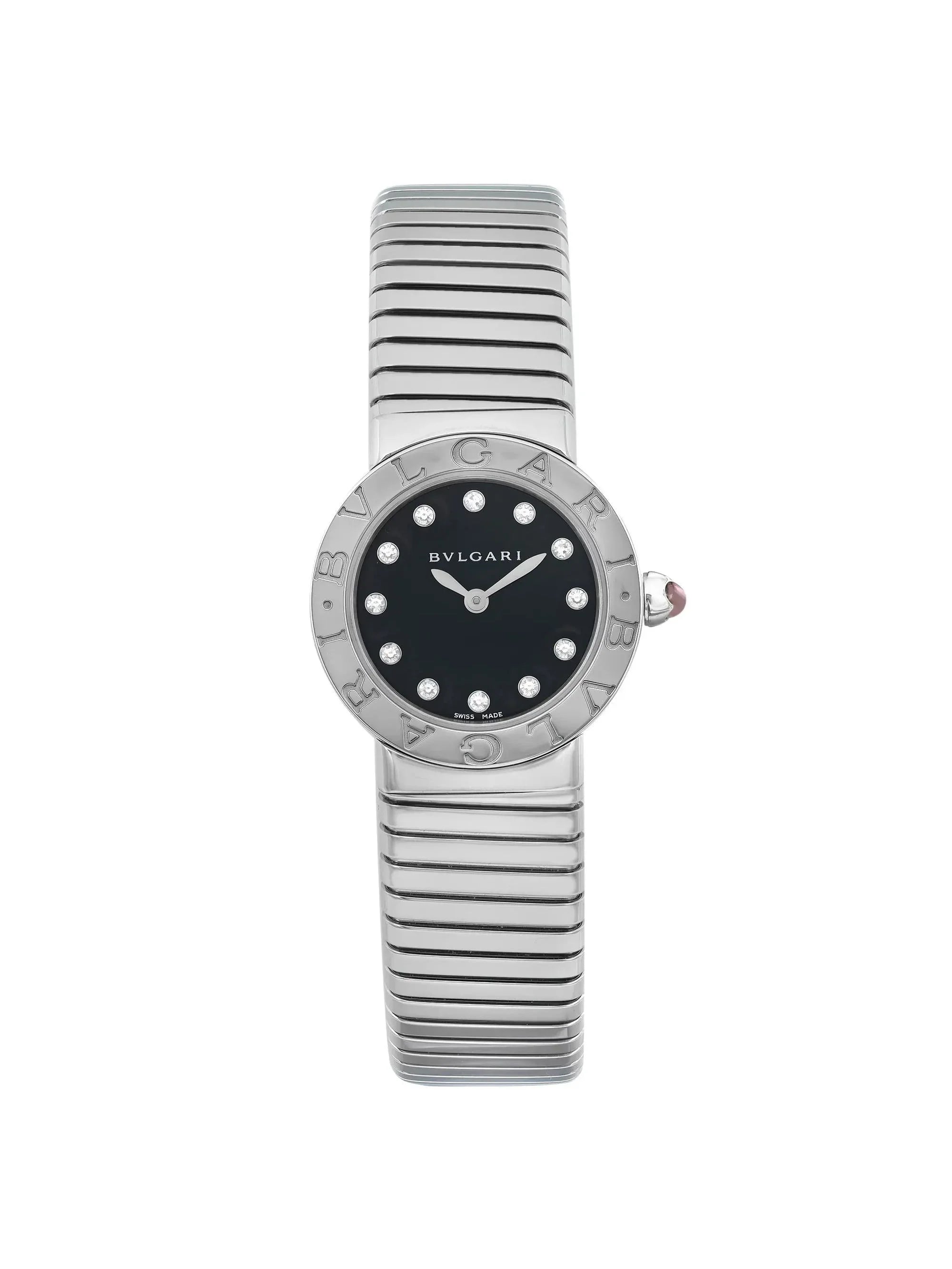 New Bvlgari Bulgari 26mm Steel Diamond Black Dial Ladies Quartz Watch 102145