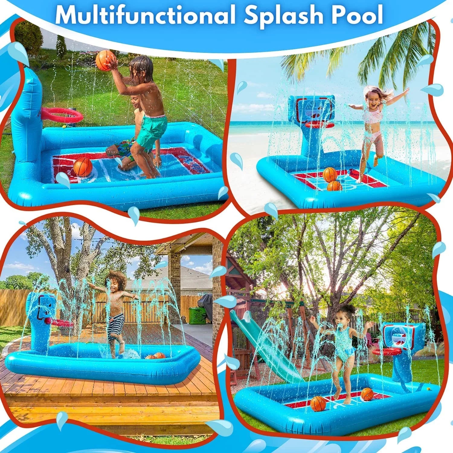 Splash Pool Pad With Sprinkler System, Hoop And 2 Inflatable Basketballs - Splash Pad For Kids - Kids Summer Toys And Water 82-inch.