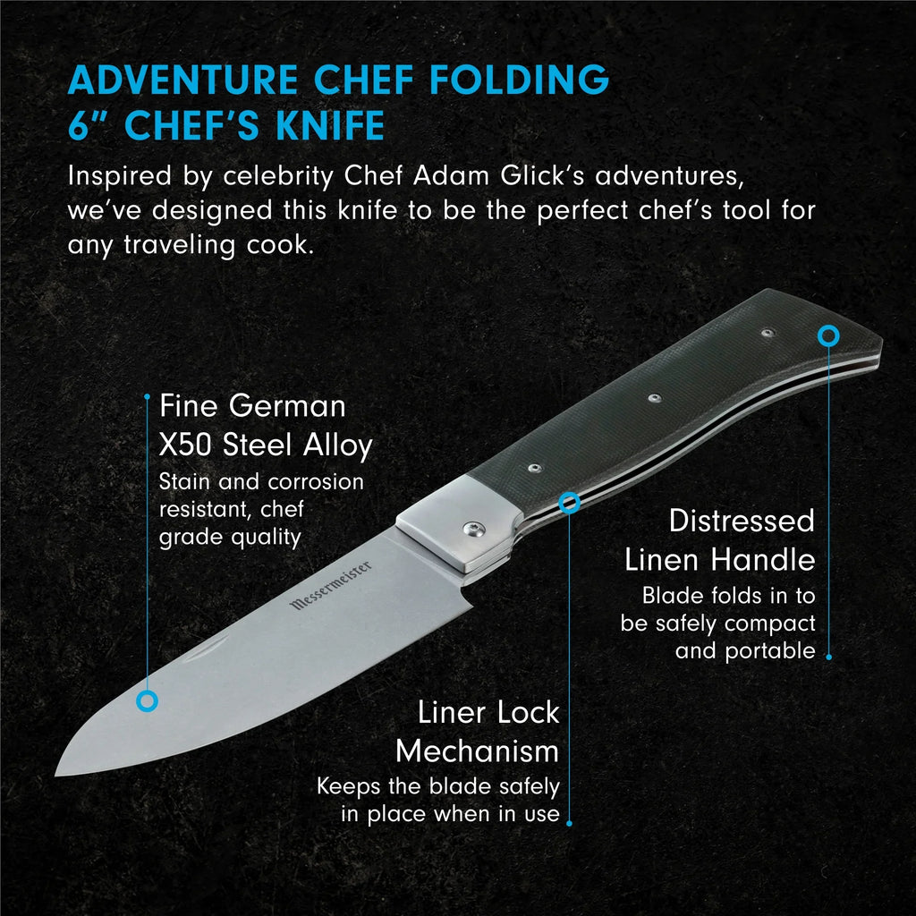 Messermeister Adventure Chef Folding 6” Chef’s Knife, Linen