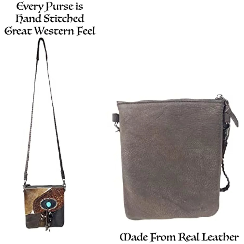 Urbalabs Western Crossbody Purse Cowhair Handbag Leather Teal Stone Tassel Tooled Tote Bag Hand Stitched Purses (Dark Brown)