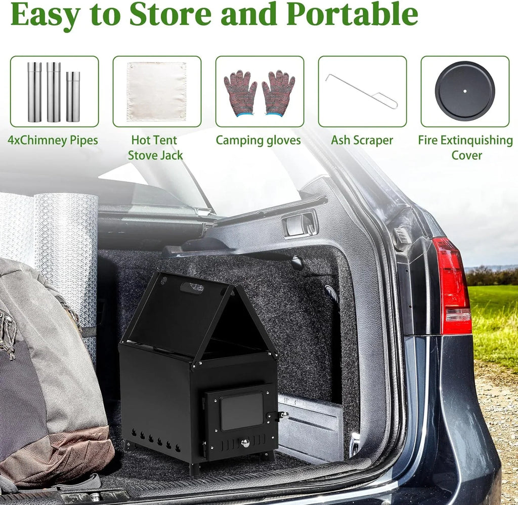 Camping Wood Stove, Outdoor Portable Tent Wood Burning Stove with Stainless Chimney Pipes, Tent Stove Jack & Gloves for Outdoor Camping Cooking and Heating 1-2 People Use(Black)