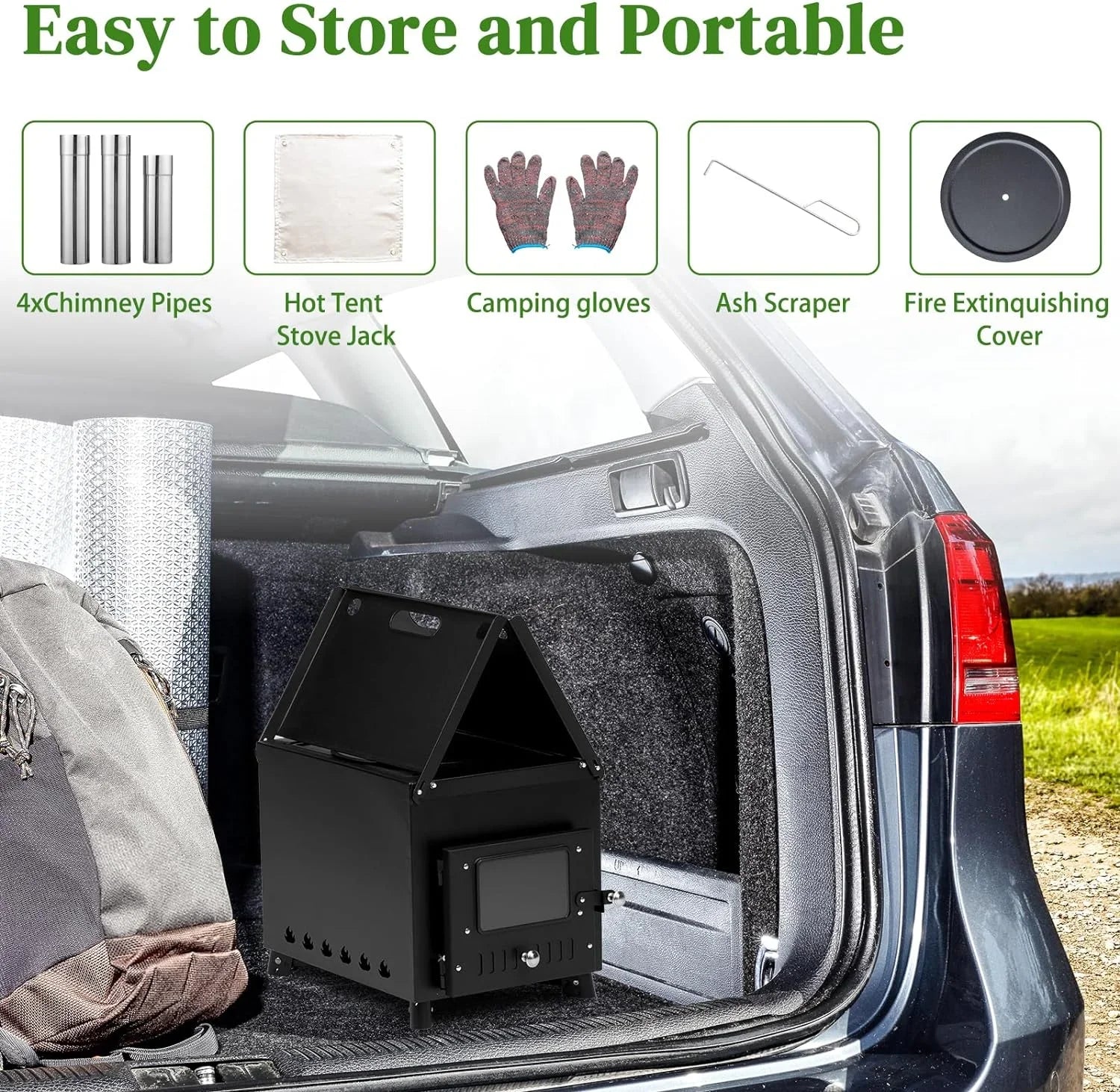 Camping Wood Stove, Outdoor Portable Tent Wood Burning Stove with Stainless Chimney Pipes, Tent Stove Jack & Gloves for Outdoor Camping Cooking and Heating 1-2 People Use(Black)