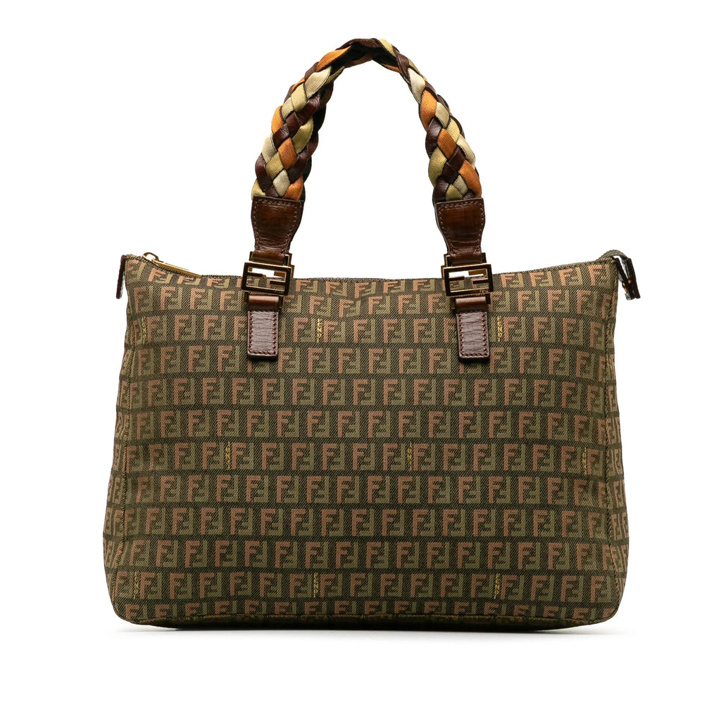 Pre-Owned Authenticated Fendi Zucchino Braided Roll Tote Canvas Fabric Green Tote Bag Unisex (Good)