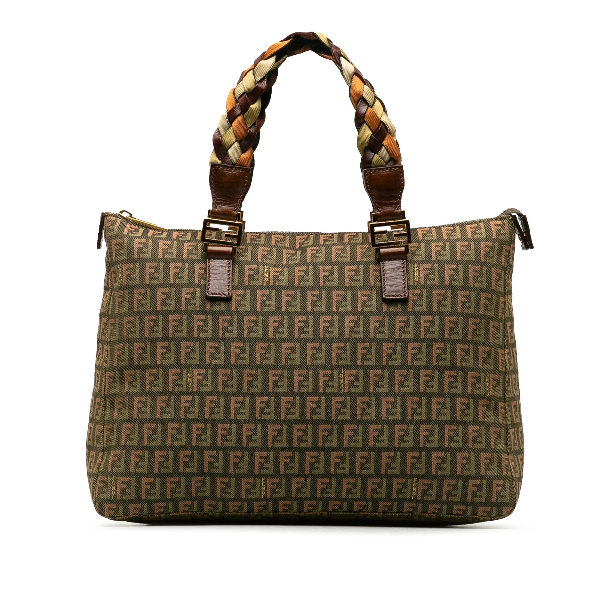 Pre-Owned Authenticated Fendi Zucchino Braided Roll Tote Canvas Fabric Green Tote Bag Unisex (Good)