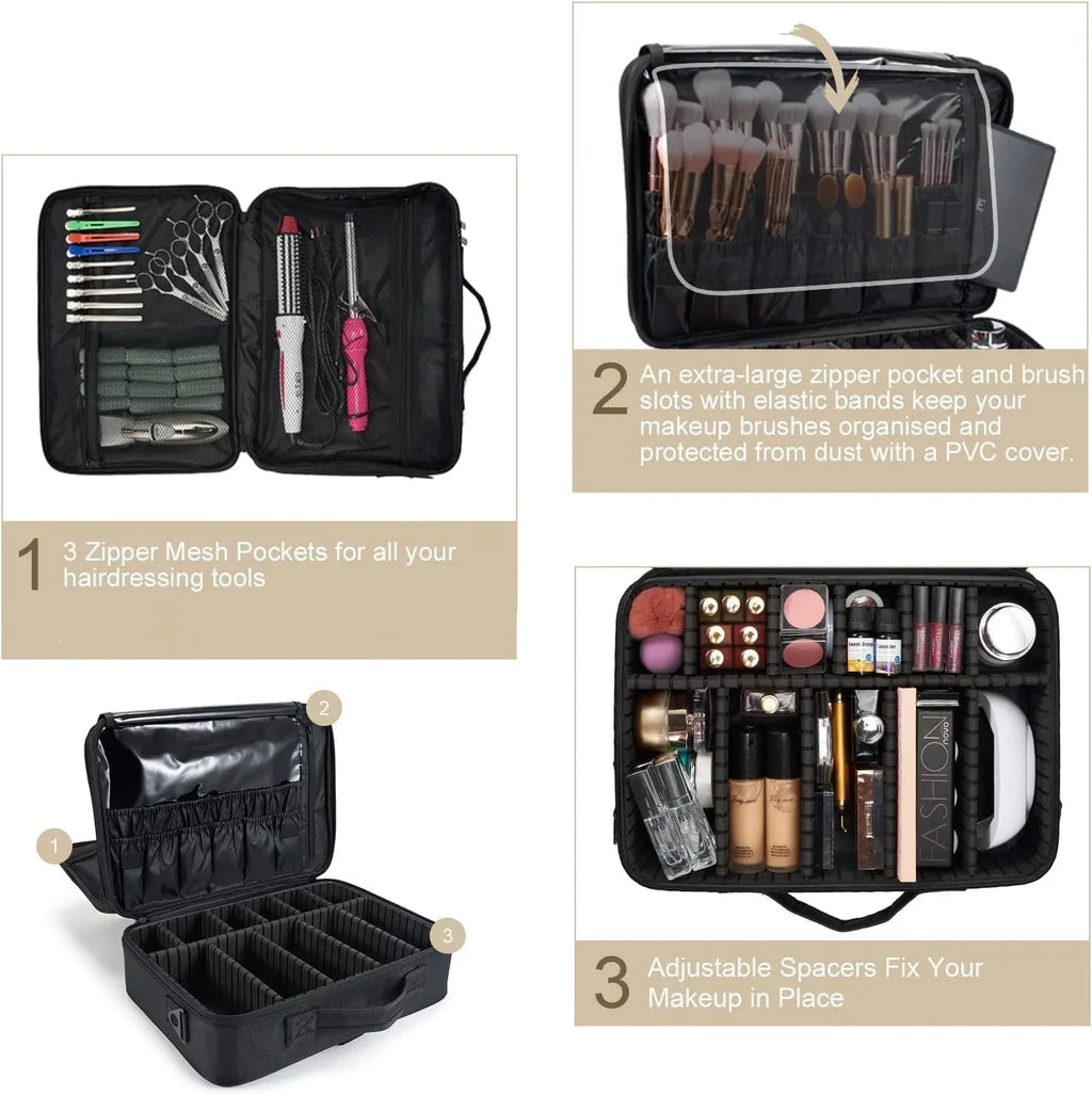 Extra Large Travel Makeup Bag Cosmetic Case Organizer Beauty Train Case with Shoulder Strap and Dividers Compartment, Black