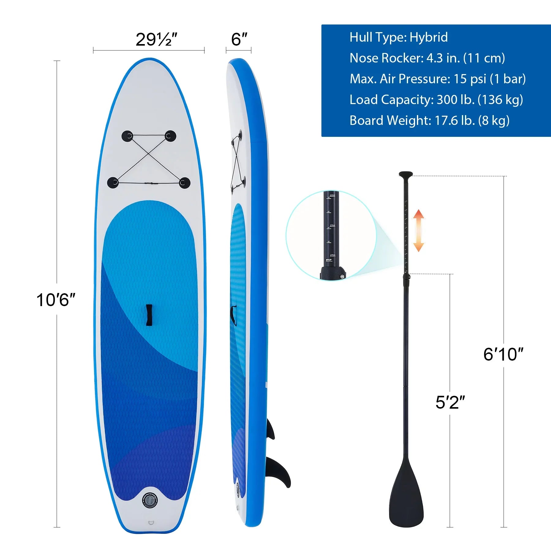 Preenex 10'6" Hybrid Inflatable Paddle Board for Adults Hybrid  Board Set w Air Pump, Blue