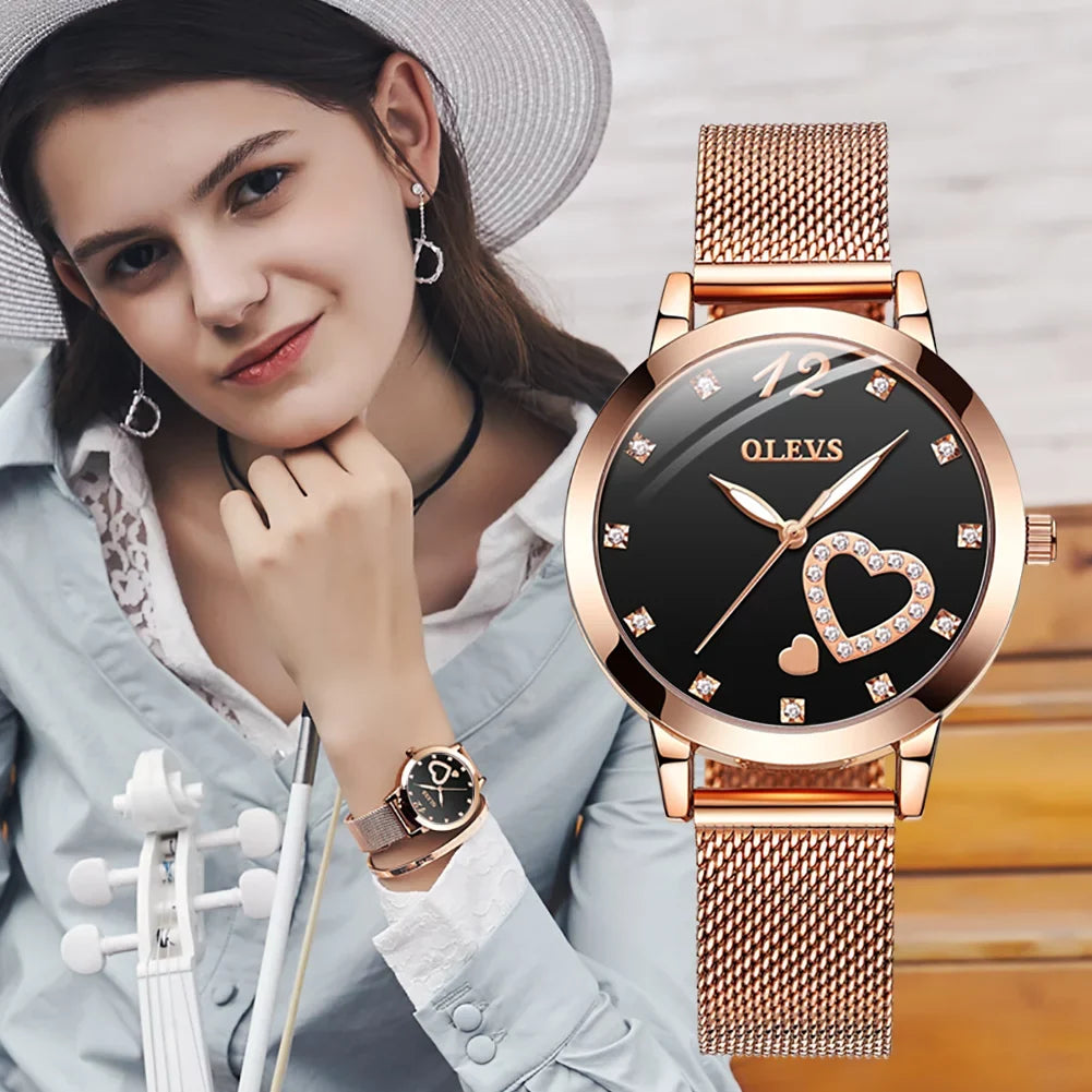 Olevs Elegant Women's Watch, Rose Gold Diamond Hearts Big Face Mesh Strap Fashion Dress Japanese Quartz Waterproof Luminous Ladies Watches, Female Wristwatch, Gifts for Women