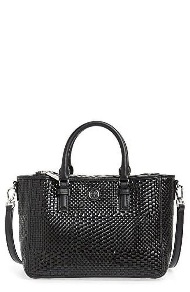 Tory Burch Robinson Double Zip Woven Leather Multi Tote Black Leather Bag