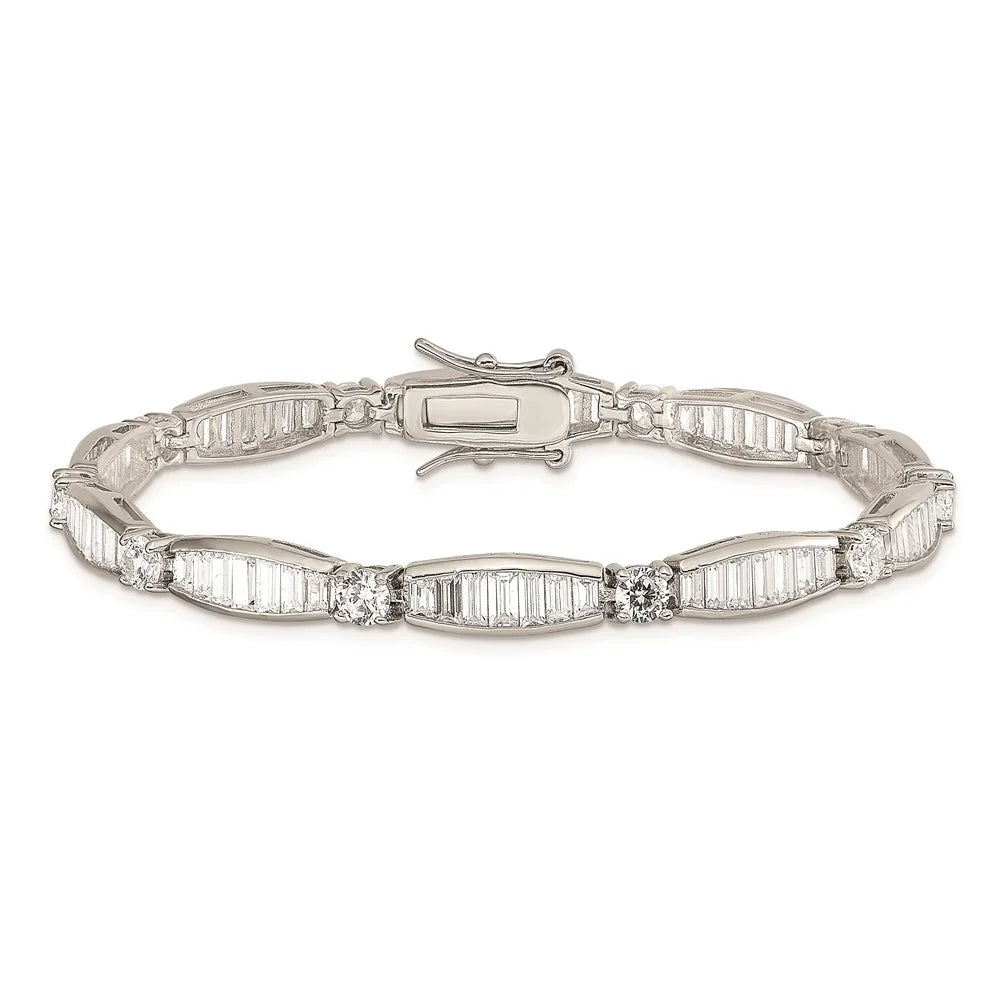 Sterling Silver Rhodium-plated Baguette and Round  Bracelet QQX400CZ
