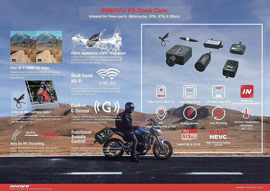 K5 Dual Channel Motorcyle Motocam with 4K Ultra  Resolution, WiFi, , Parking Mode and IP67 Water Resistance (32GB)