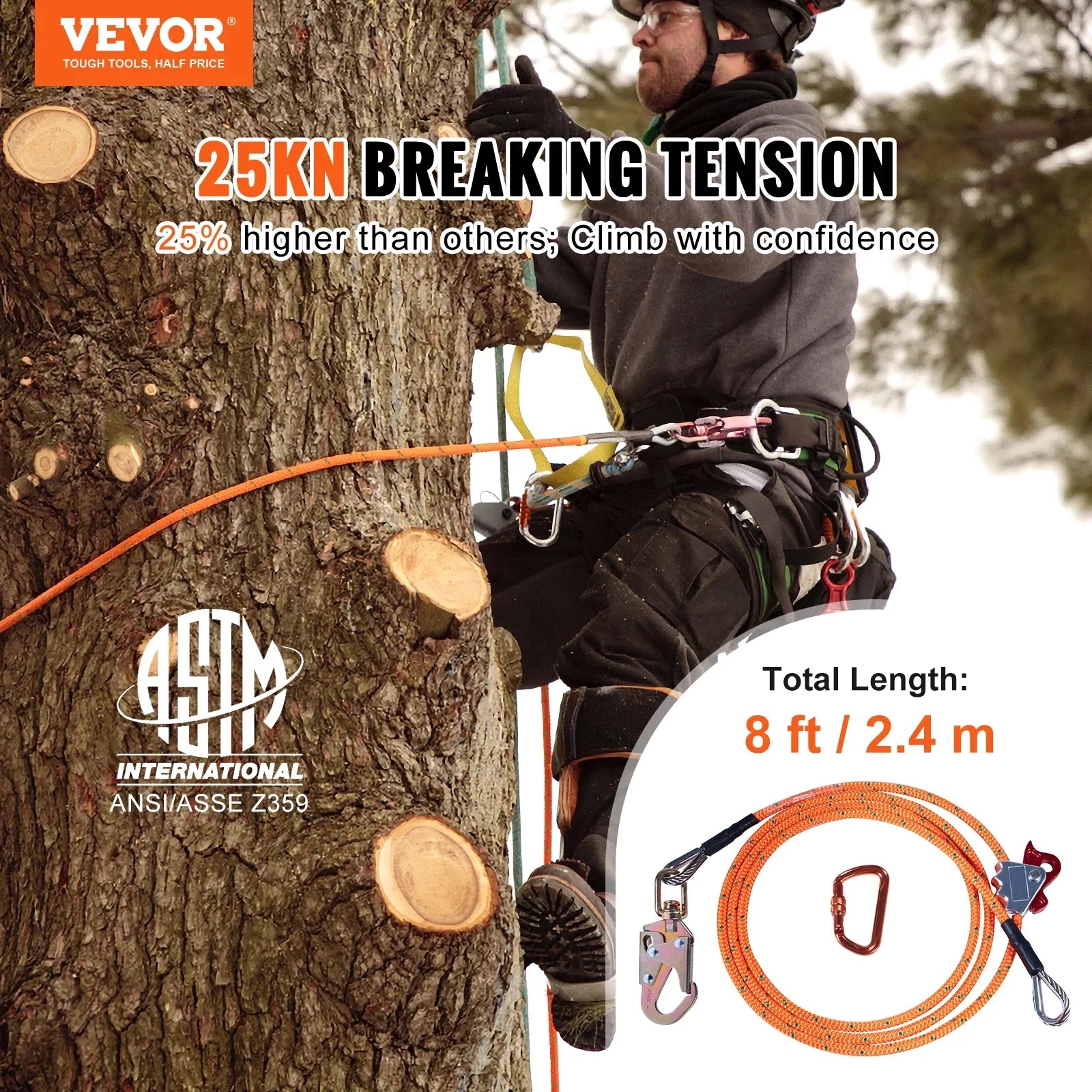 Steel Core flipline, 1/2" x 8' Arborist Flipline, Flip Line for Tree Climbing with Alloy Steel Snap Hook, Aluminum Alloy Carabiner and Extra Tool Lanyard, for Arborist, Tree Climbers