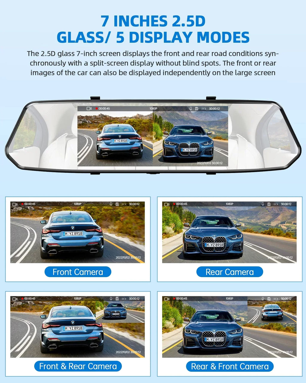 Dash Camera 1080P Mirror Dual Dash Cam Front and Rear,  7"  Touch Screen, Infrared Night Vision, Motion Detection, G-Sensor