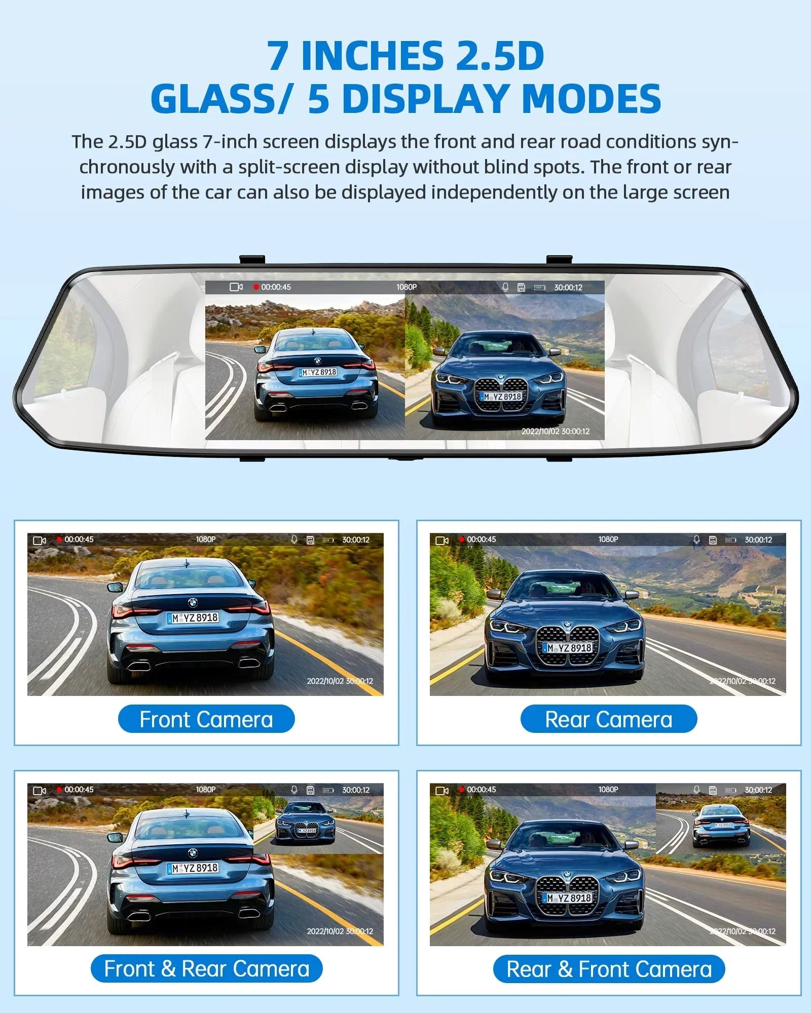 Dash Camera 1080P Mirror Dual Dash Cam Front and Rear,  7"  Touch Screen, Infrared Night Vision, Motion Detection, G-Sensor