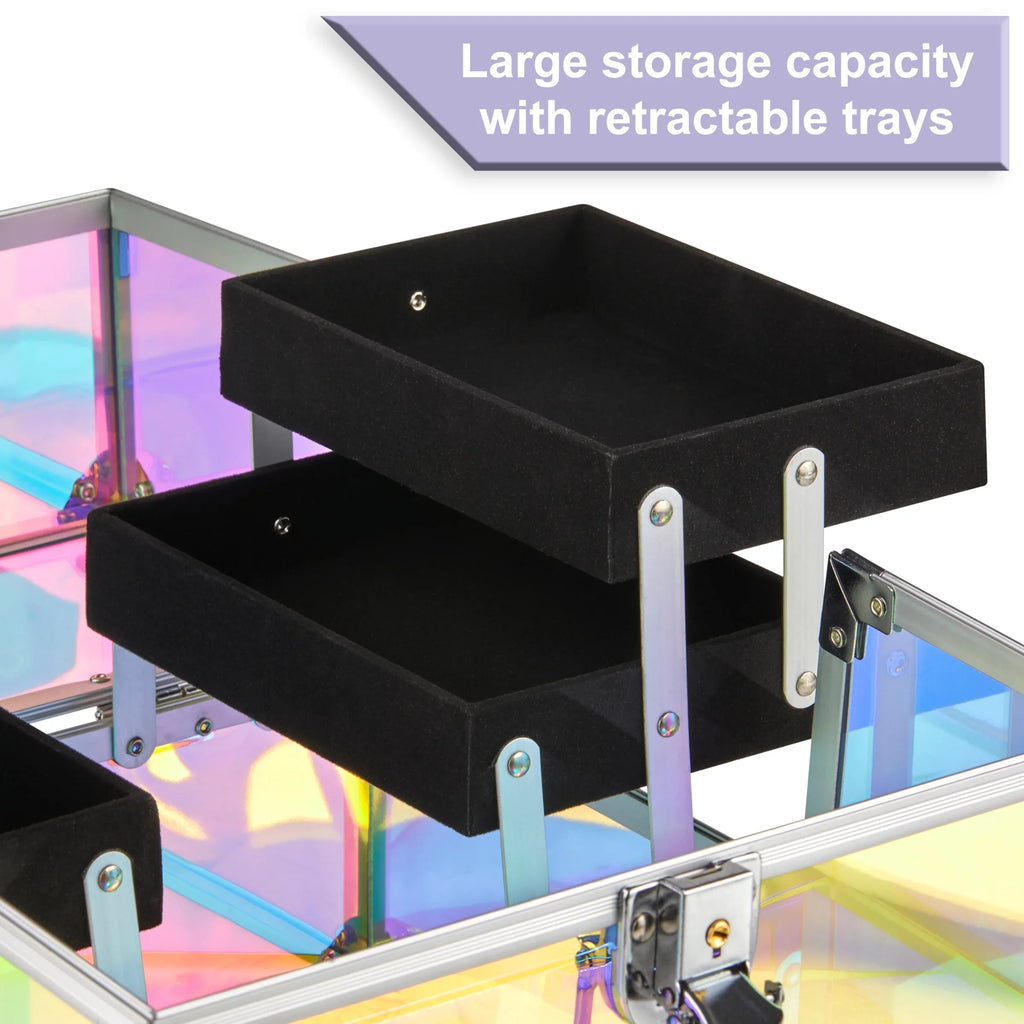 Makeup Train Case Cosmetics Organizer, Iridescent Translucent, 4 Trays, 6.7"x 9.85"x 7.9"