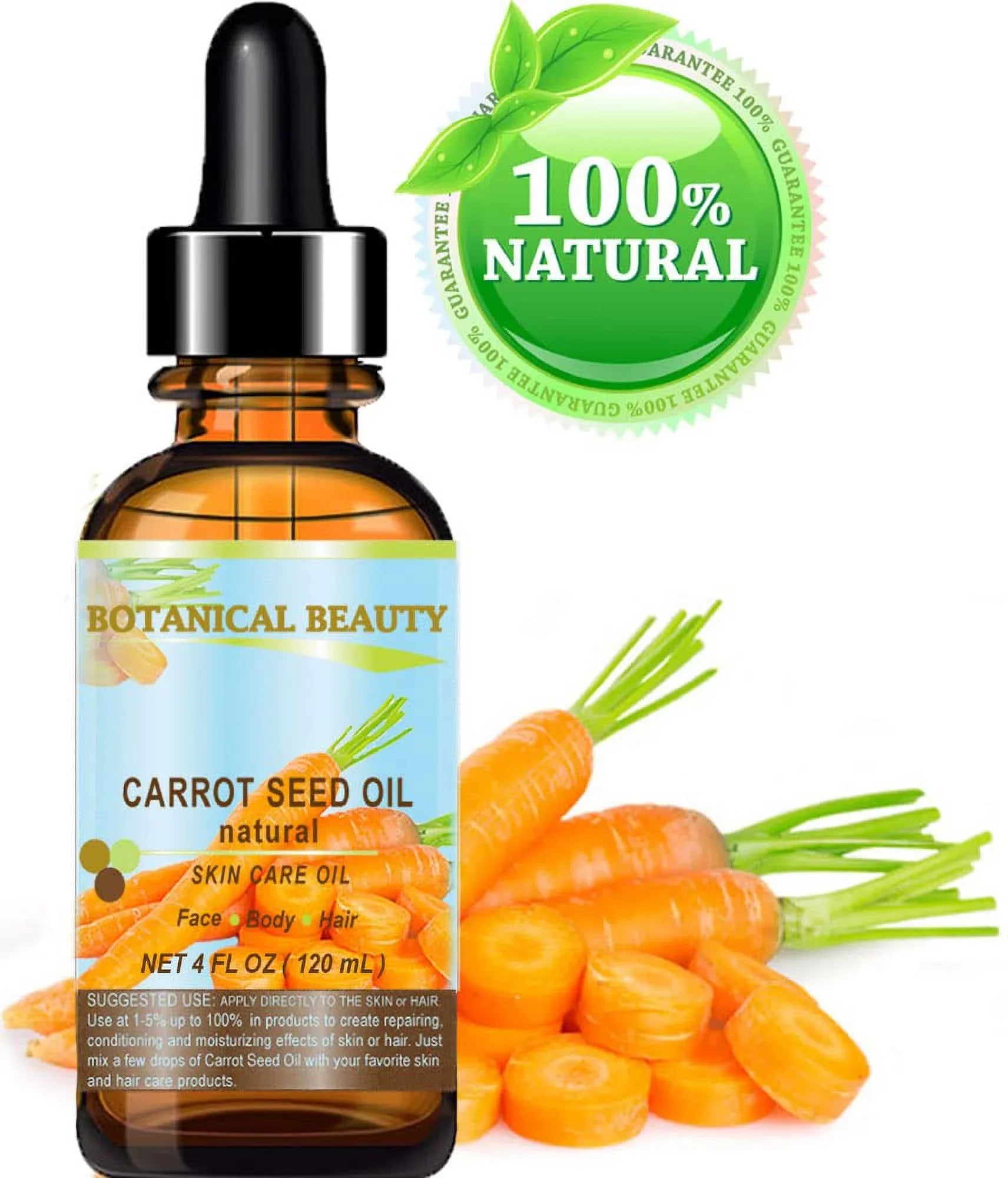 Carrot Seed Oil 100 % Natural Cold Pressed Carrier Oil. 4 Fl.Oz.- 120 Ml. Skin, Body, Hair And Lip Care. "One Of The Best Oils To Rejuvenate And Regenerate Skin Tissues.” By Botanical Beauty