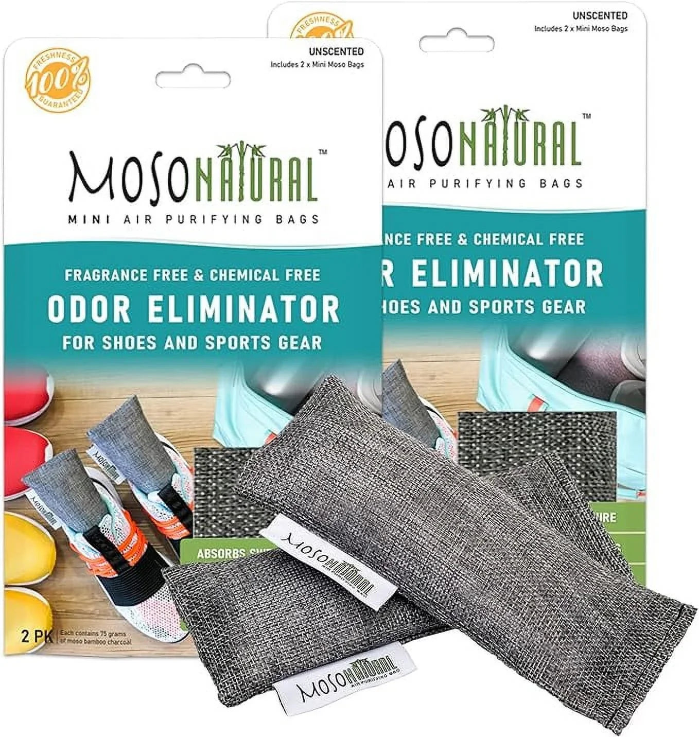 Moso Natural Mini Air Purifying Bags. A Scent Free Odor Eliminator for Shoes, Gym Bags and Sports Gear. Premium Moso Bamboo Charcoal Odor Absorber. (Two Packs of Two 75g Bags) 2 Year Lifespan!