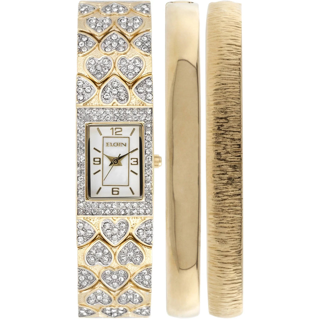 Elgin Adult Female Gold-Tone White  Round Crystal Double Bangle Watch Set (EG8012ST)