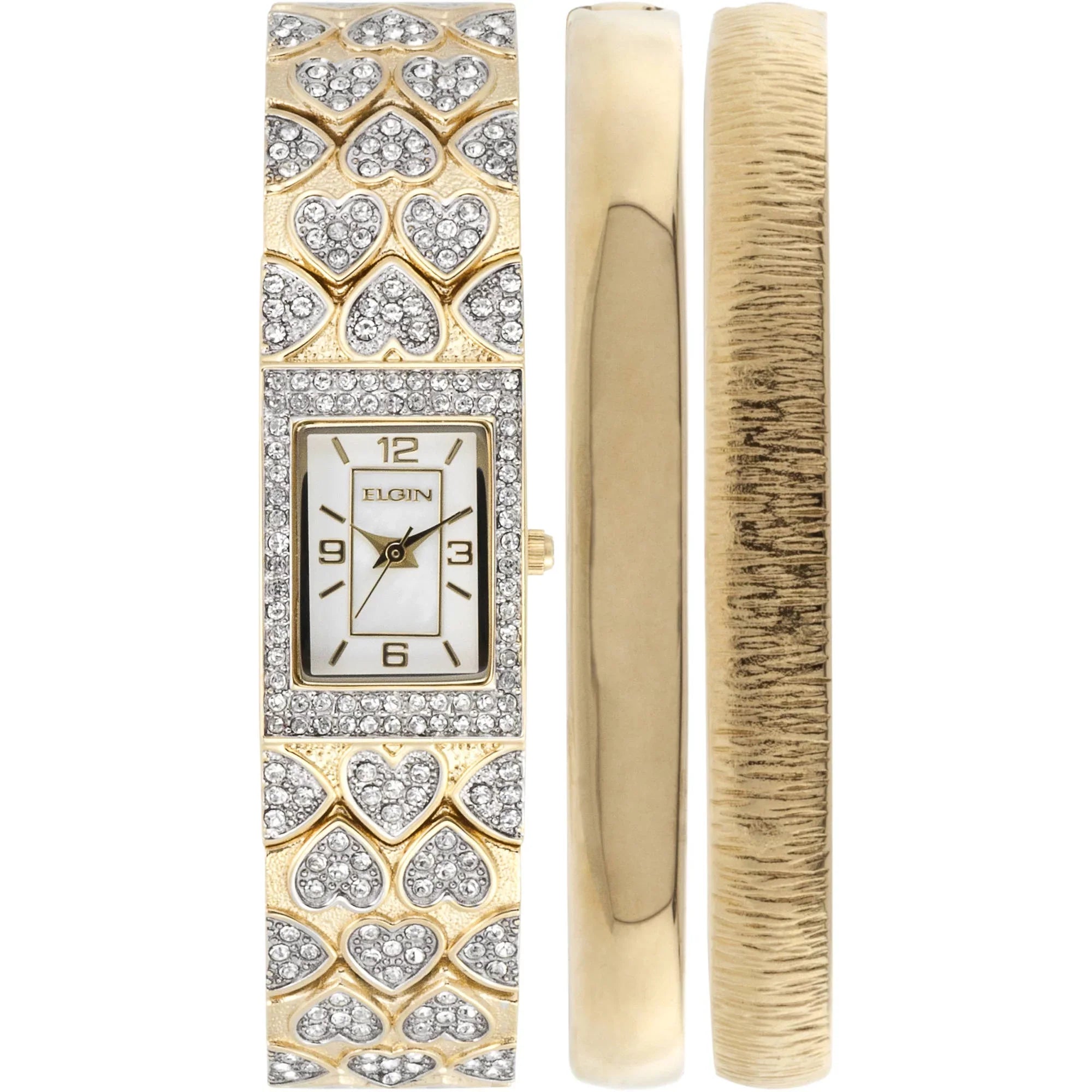 Elgin Adult Female Gold-Tone White  Round Crystal Double Bangle Watch Set (EG8012ST)