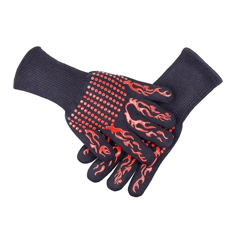 Barbecue Gloves with Silicone -slip Stripe Heat Proof Oven Gloves 500~800℃ Heat Resistant Grill Gloves for Outdoor Barbecue Garden Grilling Kitchen Cooking Welding
