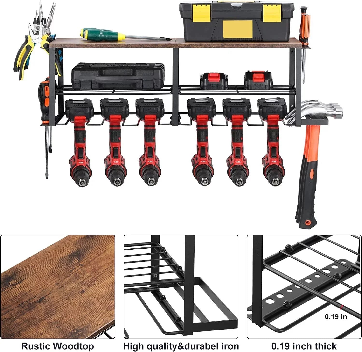 Power Tool Organizer, 6 Drill Holder Wall Mounted, Heavy Duty Storage Rack Shelf