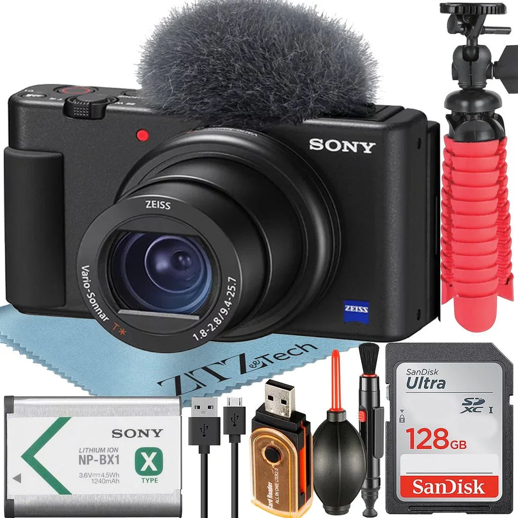 Sony -1F Vlogging Camera (Black) with SanDisk 128GB Memory Card + ZeeTech Accessory Bundle